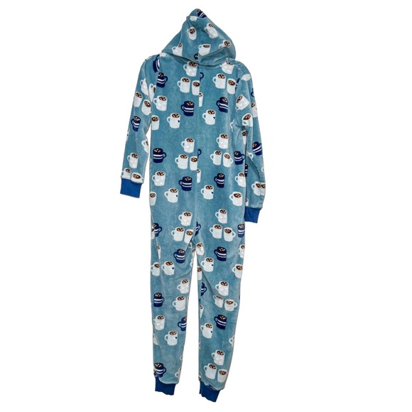 Munki Munki Womens Fleece One Piece Pajamas Hooded Cocoa Cup Print Cozy Lounge - Picture 4 of 14
